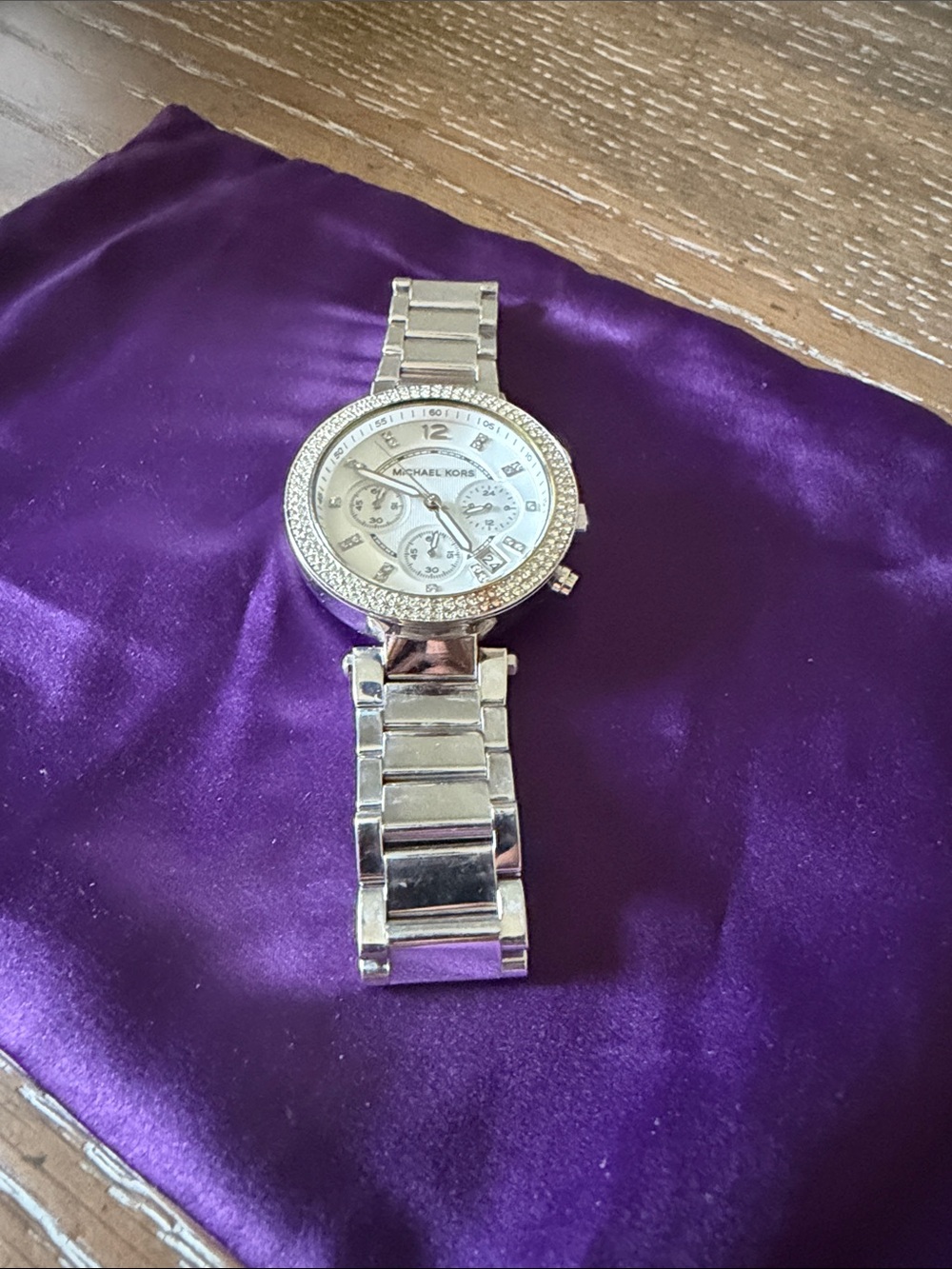 Michael Kors Silver and White Crystal-Accent Chronograph Watch